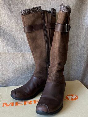 Merrell Martina Waterproof Boots Women 8 Suede Leather Knit Cuff, Espresso EUC